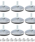 M8 Swivel Furniture Leveling Feet T Nuts 2 Inch Pad Stop That Wobble Quick Adjustable Table Base Makes Crib Rock Solid for Couches Desks and Shelves 12 Pack with shiny metal finish and rubber pads.