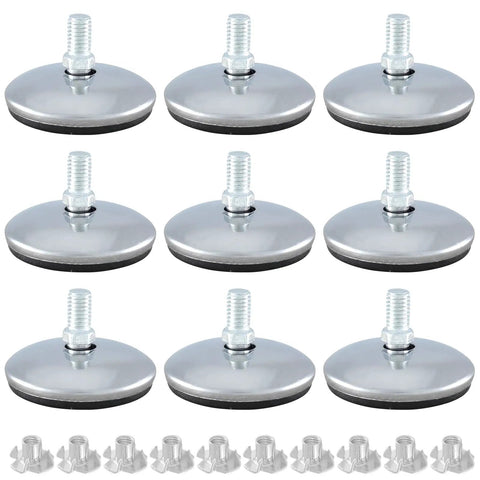 M8 Swivel Furniture Leveling Feet T Nuts 2 Inch Pad Stop That Wobble Quick Adjustable Table Base Makes Crib Rock Solid for Couches Desks and Shelves 12 Pack with shiny metal finish and rubber pads.