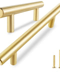 Solid Brass Cabinet Pulls 5 Pack in Brushed Gold Finish Euro Style T Bar Handles with 3 Inch Hole Center, shown with screws