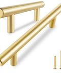 Two Pack Solid Brass Cabinet Pulls In Gold Brushed Finish, Euro Style T Bar Handles, 3 Inch Hole Center For Kitchen Cabinets, Drawers, Cupboards, Dresser Or Vanity, Heavy Duty, Fingerprint Resistant, Ideal For Any Room.