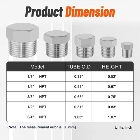 Dimensions chart for 20 Pcs 304 Stainless Steel Hex Pipe Plug Fittings Kit with NPT male threads, showing sizes 1/8 to 3/4 inch.