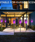 Solar Tiki Torch Lights Eight Piece Purple Outdoor Garden Decor With Realistic Flickering Flame by a modern patio
