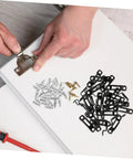 Hands assembling 30 Piece Hidden Furniture Connectors Toolless Cabinet Joint Brackets with black clips and screws on a work surface.