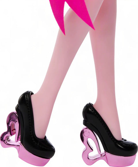 Iconic Design Draculaura Reproduction Doll In A Dope Pink Ruffle Dress Featuring Spooky Chic Vampire Vibes And Top Notch Craftsmanship For Your Totally Sweet Shelf, showcasing stylish black pumps with pink details.