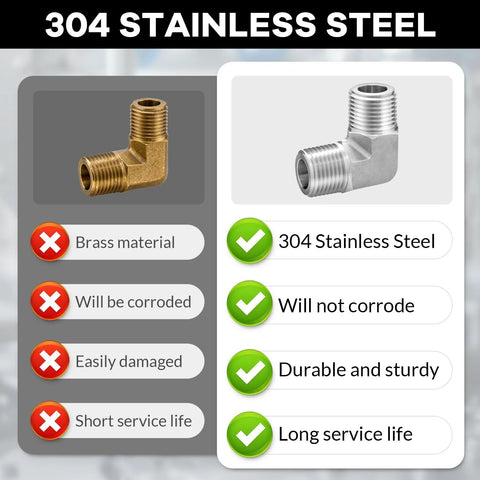 Two 90-degree pipe elbows, front view; left brass, right 304 stainless steel; 1/4in NPT male x 1/4in NPT male; 2-pack