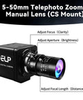 Global Shutter USB Camera Monochrome High Speed Imaging 1280x800 at 120fps Plus 210fps 420fps 640fps Options, 5 to 50mm CS Lens