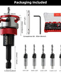7-piece countersink drill bit set with aluminum stop collar and 1/4 in hex shank; includes screwdriver bit and Allen wrench in red case