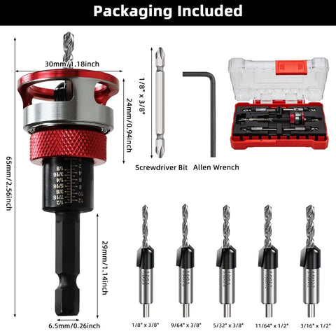 7-piece countersink drill bit set with aluminum stop collar and 1/4 in hex shank; includes screwdriver bit and Allen wrench in red case