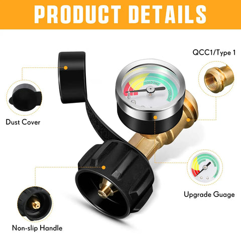 Four Pack Upgraded Propane Tank Gauge With Color Coded Dial For Five To Forty Pound Tanks Propane Level Indicator Meter QCC1 Type 1 Connection Ideal For BBQ Grills Cylinders And RV Use black brass gauge with dust cover and non-slip handle