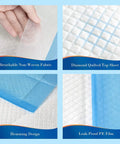 No Sweat 100 Pack Disposable Bed Pads For Pets Extra Large Waterproof Puppy Pee Pads With Gelling Polymer Super Absorbent And Odor Blocking Backing For Quick Cleanup, showing breathable non-woven fabric and diamond quilted top sheet.