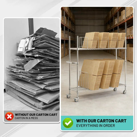 Image showing No Sweat Setup Heavy Duty Wire Cart Smooth Rolling 2 Tier Cardboard Box Storage Rack organizing boxes securely.