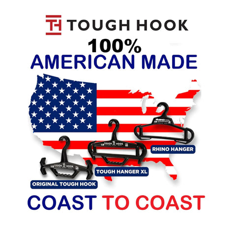USA map with Tough Hook, Rhino Hanger, and Tough Hanger XL in front, emphasizing '100% American Made' text.