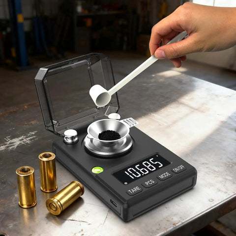 Ultra Precise 100g Pocket Scale With 0.005g Readout, Tare And Counting Function, Wide LCD Display, Auto Off in use with scoop