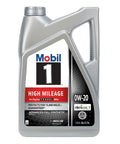 Top Shelf High Mileage Full Synthetic Motor Oil In 0W-20 Viscosity With 5 Quart Container showing gray jug with labeled design for high mileage vehicles.
