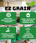 CZ Grain greenhouse shelves with non-GMO heirloom quality products and support for growers, family-run business.