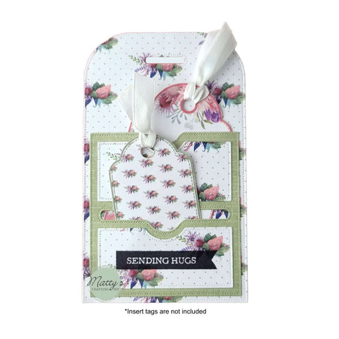 Stitched Pocket Tag Die Cut Set Of 3 For Card Making And Gift Tags, decorated with floral tags and 'Sending Hugs' message