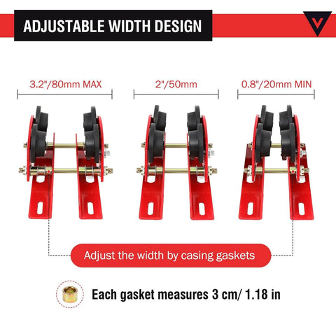 Diagram showing adjustable width design of Electric Hoist Manual Trolley 1 Ton Heavy Duty I Beam Overhead Trolley with dual wheels.