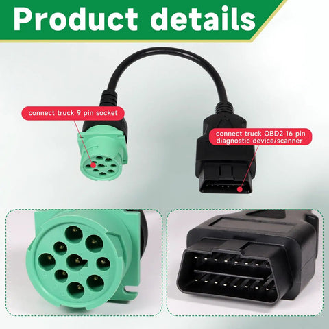 16 Pin OBD II To 9 Pin J1939 Truck Diagnostic Adapter Cable For Heavy Duty Trucks And Commercial Vehicles, Green Type 2