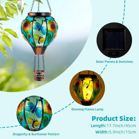 Hot Air Balloon Solar Lantern For Outdoor Use, Dragonfly Inspired Glass Hanging Light For Patio And Garden Decor