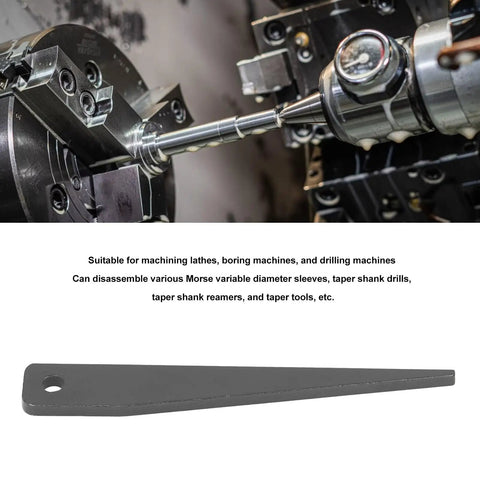 Morse Taper Drift Key MT1 MT2 for lathe and drilling machine disassembly, shown near a lathe chuck