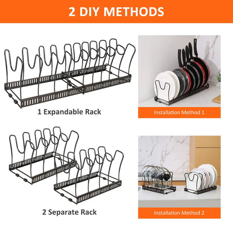 Level Up Your Kitchen Setup With This Expandable Under Cabinet Pot And Pan Lid Organizer Rack Crafted From Solid Iron With Soft Rubber Tips For Scratch Free Countertop Storage That Absolutely Flips The Script On Clutter, showcasing 2 DIY methods.