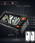 Endoscope Camera With Light And 4.3 Inch IPS Screen Semi-Rigid Borescope close-up showing control buttons and display with gears.