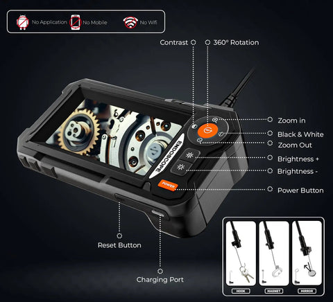 Endoscope Camera With Light And 4.3 Inch IPS Screen Semi-Rigid Borescope close-up showing control buttons and display with gears.