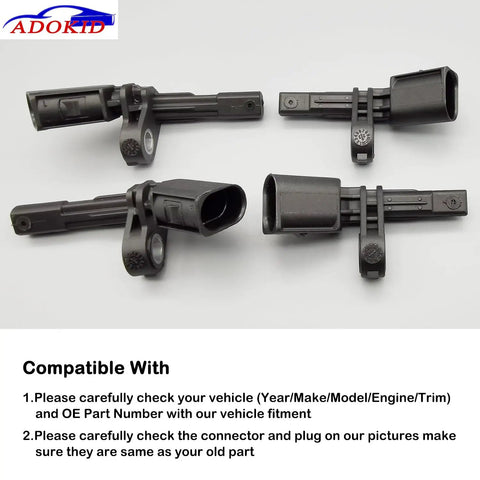 Ready To Run Front And Rear Abs Wheel Speed Sensor Pack Of Four For Volkswagen Vw Passat Jetta Tiguan Beetle Gti Eos Golf Cc Audi A3 Tt 2006 To 2018 Plug And Play Replacement, showing four sensor connectors.