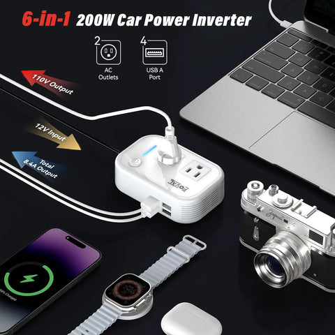 Slick 200W Car Power Inverter With Four Usb Ports And Dual Ac Outlets Transforming 12V Dc Into 110V Ac No Sweat Setup For Laptops Cpaps Game Consoles And Tailgate Parties White with devices setup.