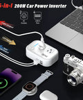 Slick 200W Car Power Inverter With Four Usb Ports And Dual Ac Outlets Transforming 12V Dc Into 110V Ac, compact design with laptop and devices.