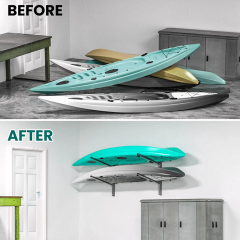 Heavy Duty Wall Mounted Kayak Storage Rack Featuring Adjustable Pads For Two Boats Rock Solid Steel Frame in garage.
