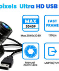 Image of Blazing Fast 4K USB Webcam with 12 Megapixels and 120FPS recording, showing manual zoom lens and USB connector.
