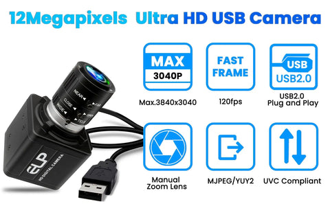 Image of Blazing Fast 4K USB Webcam with 12 Megapixels and 120FPS recording, showing manual zoom lens and USB connector.