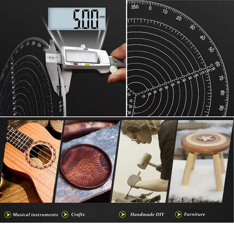 Close-up: 8-inch round center finder compass in transparent acrylic for locating centers and drawing circles in woodworking.