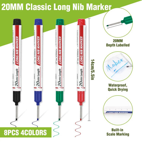 Premium Long Nib Markers And Deep Hole Marker Pens Waterproof Construction Marking Tools With Built In Ruler Game Changer Contractor Woodworking Gear Grab This Solid 8 Pack Now, featuring 20mm nibs in four colors.