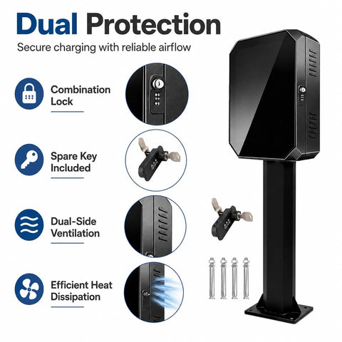 Tough As Nails Galvanized Steel EV Charger Lock Box With Outdoor Pedestal Stand, features lock, ventilation, and included key.