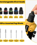 One Quarter Inch Pop Rivet Gun Kit With 200 Blind Rivets And Five Interchangeable Rivet Heads For Metal Auto And Gutters