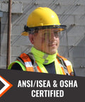 Person wearing Full Brim Hard Hat With Adjustable Visor And Face Shield Made In USA ANSI Z87 1 20 OSHA Compliant Yellow Gear