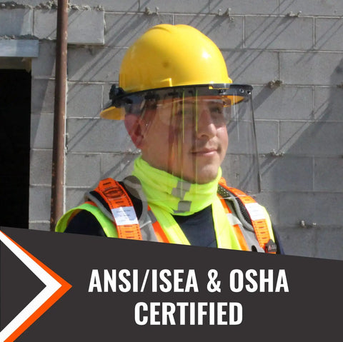 Person wearing Full Brim Hard Hat With Adjustable Visor And Face Shield Made In USA ANSI Z87 1 20 OSHA Compliant Yellow Gear