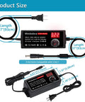 72W Adjustable AC to DC Power Supply Universal Adapter with LED Voltage Display and dimensions labeled
