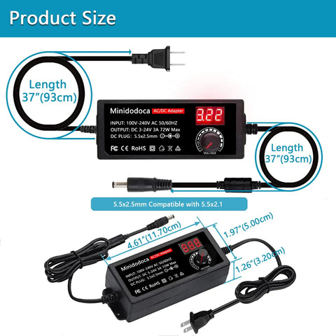 72W Adjustable AC to DC Power Supply Universal Adapter with LED Voltage Display and dimensions labeled