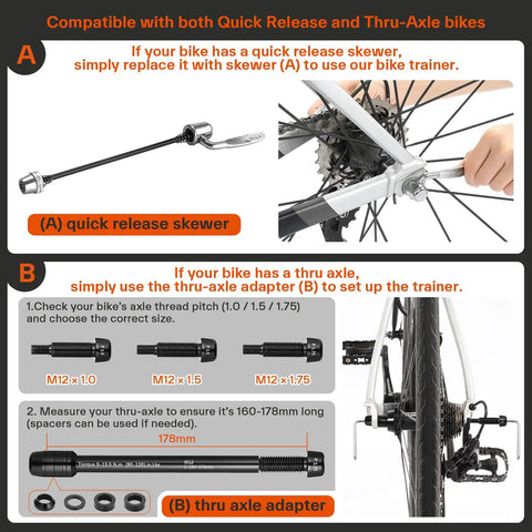 Instructions for using quick release skewer and thru-axle adapter with 6 Level Magnetic Bike Trainer With Adjustable Resistance For Indoor Cycling Fits 26-28 Inch And 700C Wheels Includes Thru Axle Adapter Quick Release Lever And Front Wheel Riser Block.
