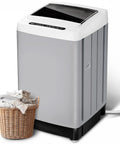 Fully Automatic Portable Washing Machine With 20 Pound Capacity And Ten Custom Wash Programs, Compact Apartment Laundry Station beside a woven laundry basket.