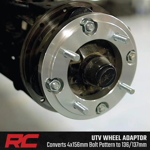 Upgrade Your Polaris UTV Setup With These Heavy Duty 4x156 To 4x136 Wheel Adapters showing installed alloy UTV wheel adaptors.