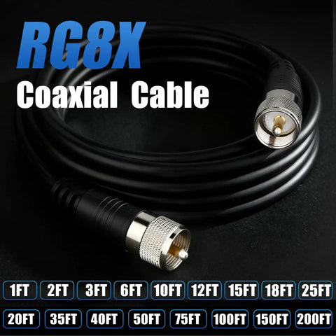 RG8X Coaxial Cable 50ft Low Loss CB Antenna Cable with UHF PL259 connectors coiled on dark background