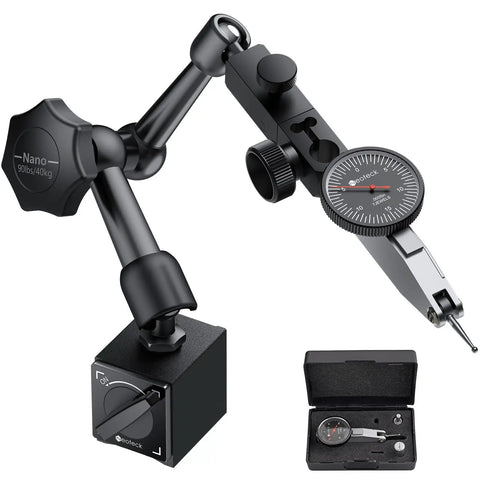 Dial Test Indicator Set With Magnetic Base And Storage Case 0-0.03 Inch Readout 0.0005 Inch Includes Two Steel Dovetail Clamps