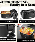 Steps showing Electric Heated Lunch Box For Adults With 80W Fast Heating And 1.5L Food Grade Stainless Steel Portable Warmer