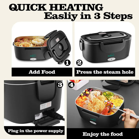 Steps showing Electric Heated Lunch Box For Adults With 80W Fast Heating And 1.5L Food Grade Stainless Steel Portable Warmer