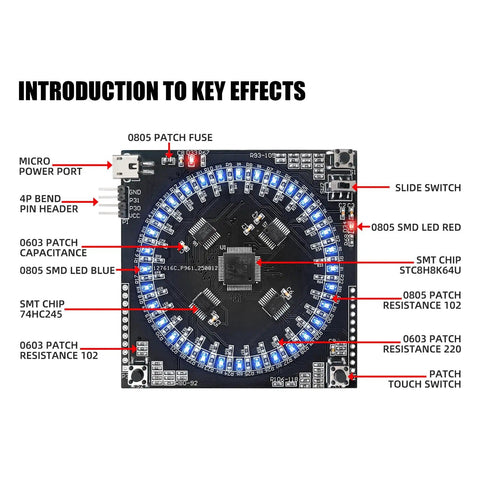 Hands On SMD Soldering Practice Board For SMT Training Kit DIY Electronics Project For STEM Beginners Easy To Use Running Water Light Circuit DC 5V Powered 75x75mm, detailed with labels of key components like micro power port and SMT chips.