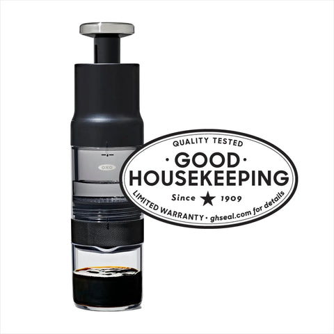 Transparent Rapid Brew Portable Coffee Maker For On The Go with Good Housekeeping badge displayed on front view.